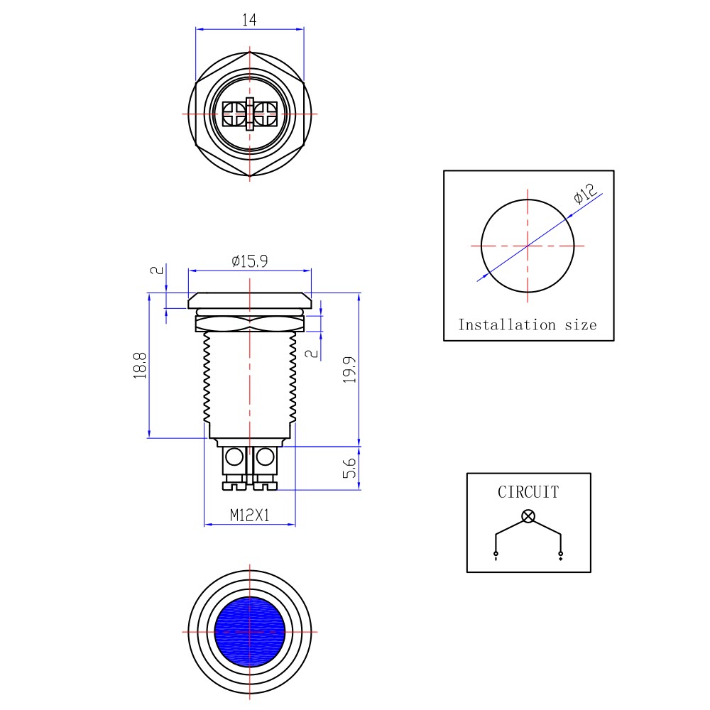 PILOTO AZUL 24VDC LED 12MM AGUJERO - 16MM CABEZA - 23MM FONDO BORNE TORNILLO US