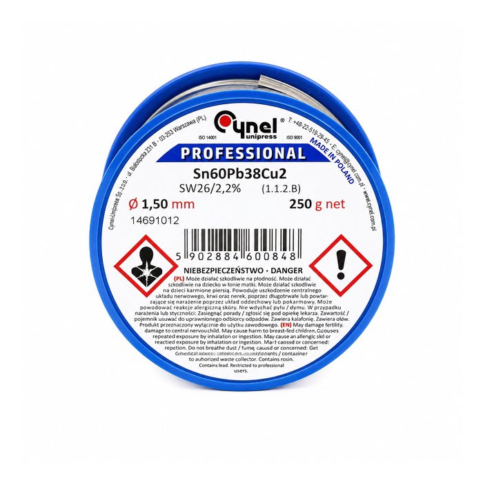 ESTAÑO ELECTRONICA 1MM 250G TRIMETAL 60SN/38PB/2CU CYNEL US