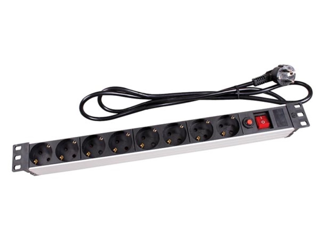 BASE ENCHUFE MULTIPLE 8 TOMAS C/INTERRUPTOR PROTEC. SOBREC. RACK 19 NEGRO ALUMNIO PEREL