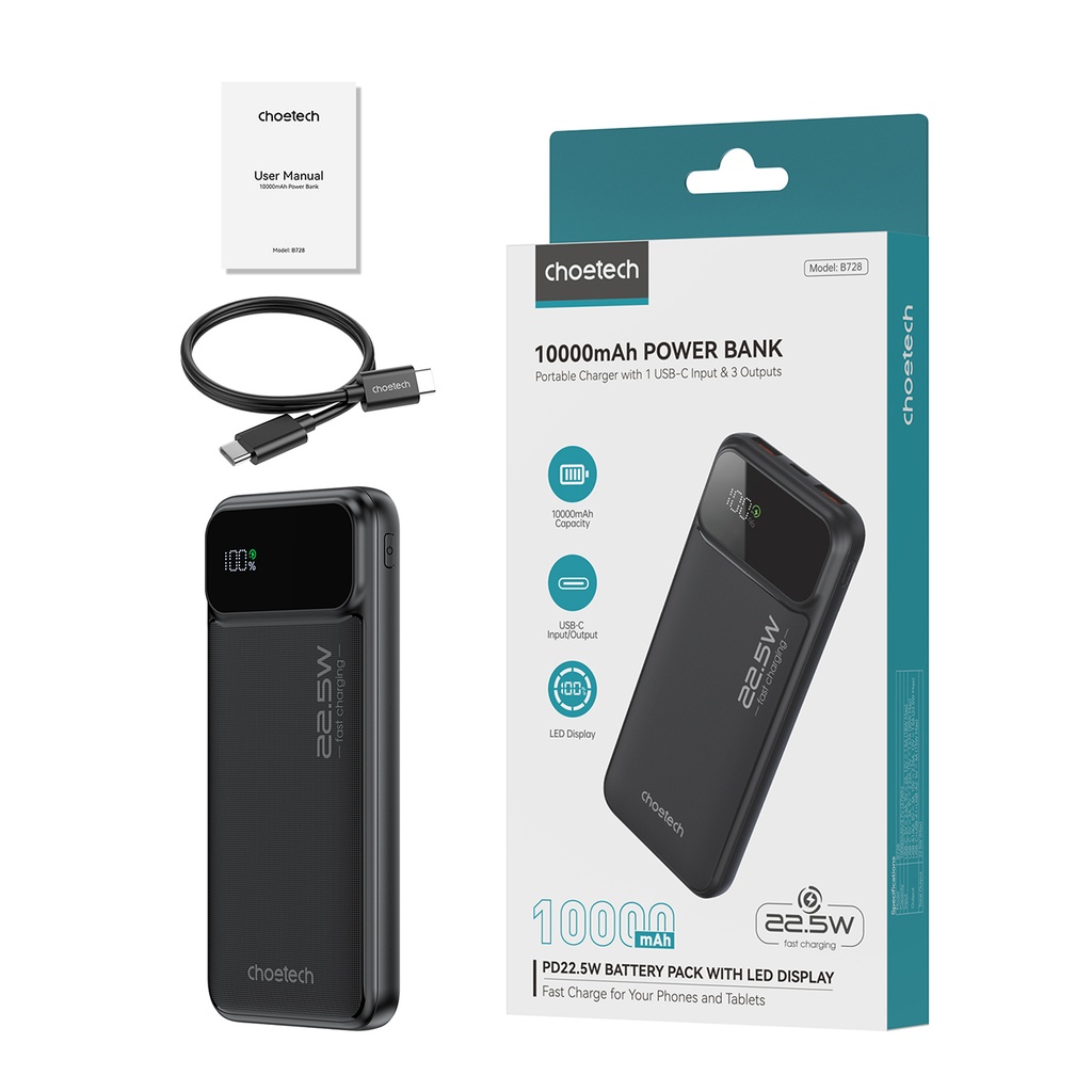 CARGADOR BATERIA EXTERNO 10000MAH 2.1A NEGRO POWERBANK CHOETECH