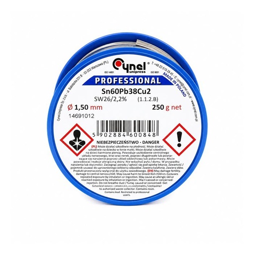 [SN60PB38G250] ESTAÑO ELECTRONICA 1MM 250G TRIMETAL 60SN/38PB/2CU CYNEL US