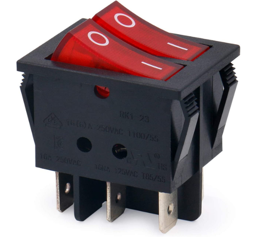 [11.410ILL/NRR] CONMUTADOR BASCULANTE DOBLE LUMINOSO ROJO 15A 250V 26X32MM 6 FASTON DH