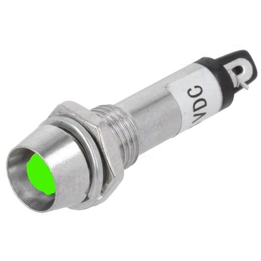 [IND8-24G-B] PILOTO VERDE 24VDC LED AGUJERO 7.5MM - CABEZA 9.5MM - FONDO 30MM IP40 METAL NUOMI
