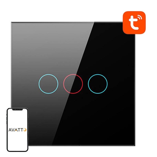 [LZTS02-EU-B3] PULSADOR TRIPLE SIN NEUTRO NEGRO ZIGBEE AVATTO