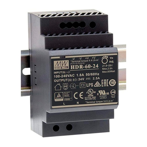 [HDR-60-24] FUENTE ALIMENTACION 24V 2.4A 60W CARRIL DIN 52.5X90X54.5MM HDR-60-24 MEAN WELL