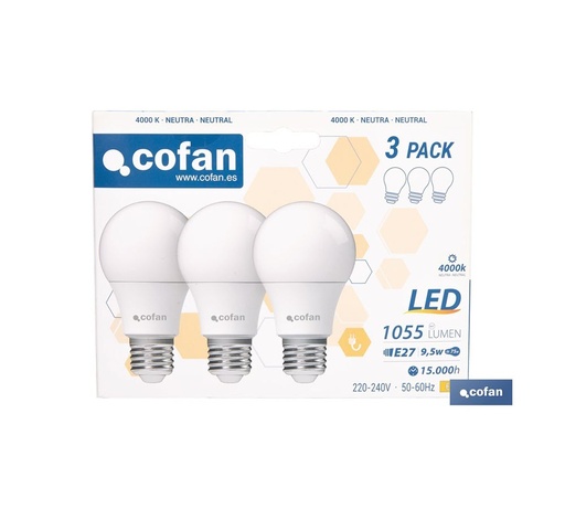 [52004101] PACK 3 LAMPARAS ESTANDAR LED E27 9.5W 4000K 1055LM COFAN